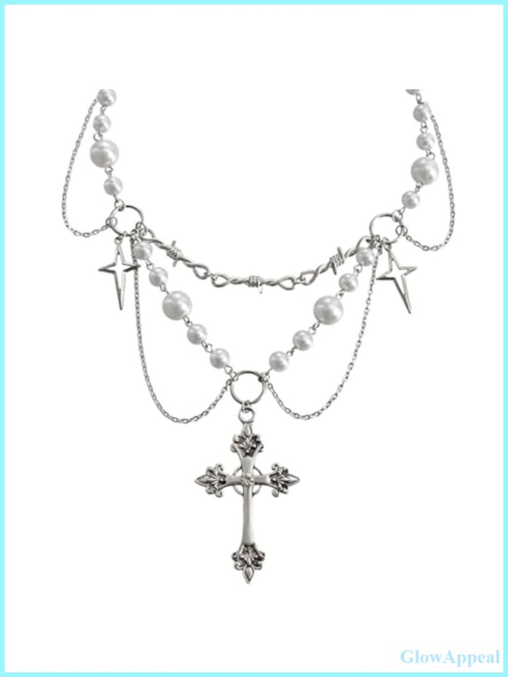 Layered Gothic Pearl Silver Cross Necklace Faux Pearl Strand